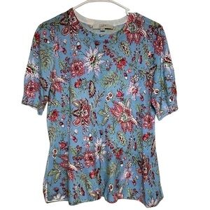 LOFT Womens Blue Floral Short Sleeve Lightweight Ribbed Trim Sweater Size S